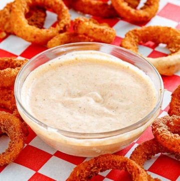 homemade Outback bloomin onion dipping sauce with onion rings