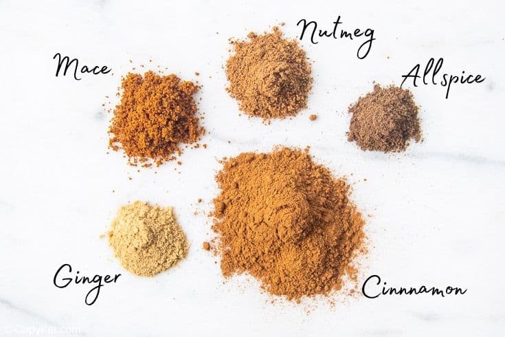 cinnamon, ginger, mace, nutmeg, and allspice spices