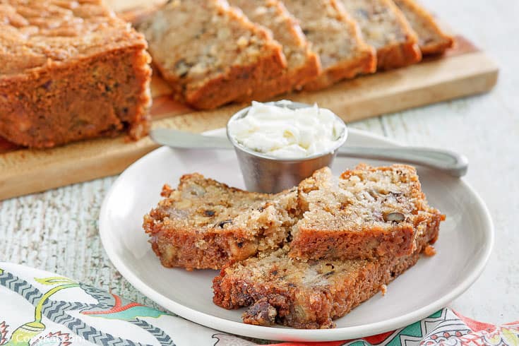 three slices of rhubarb bread and butter on a plate