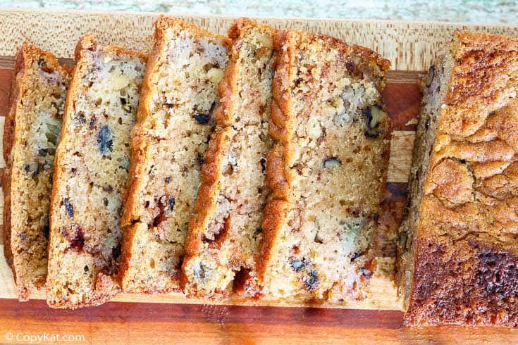 slices of Mrs. Proctor's rhubarb bread on a cutting board