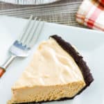 a slice of peanut butter pie with chocolate crust