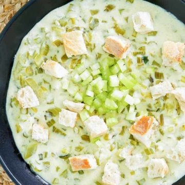 a bowl of chunky cream of celery soup