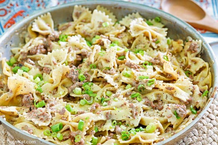 Beef Stroganoff made with bowtie pasta in a skillet