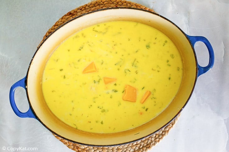 Mezcla de caldo de sopa de queso canadiense y queso en un horno holandés