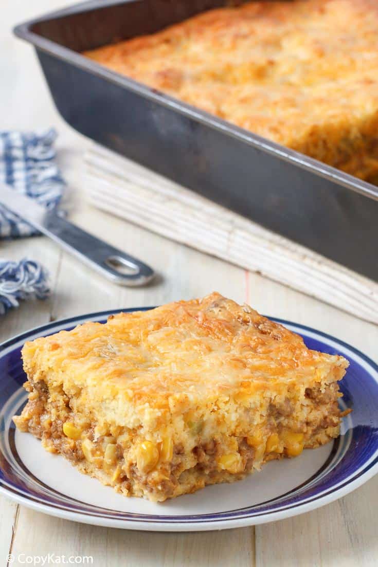 a slice of Mexican cornbread casserole on a plate