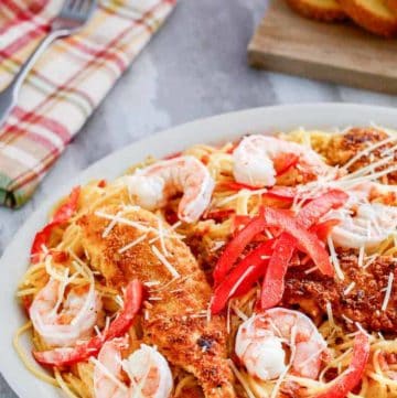 Homemade Olive Garden Chicken and Shrimp Carbonara on a plate