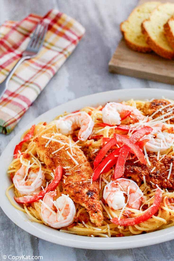 Homemade Olive Garden Chicken and Shrimp Carbonara on a plate