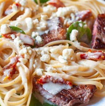 Steak Gorgonzola Alfredo Pasta on a plate