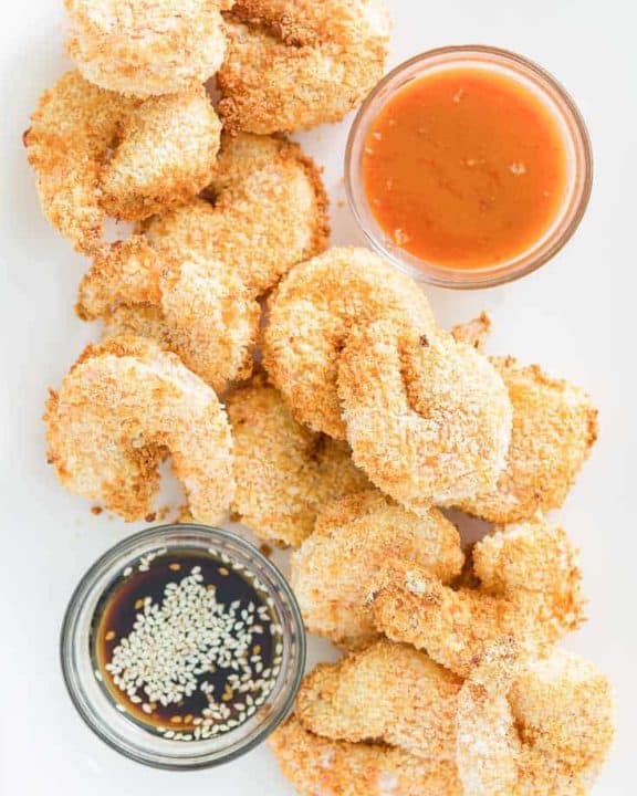 overhead view of air fryer shrimp tempura and dipping sauces
