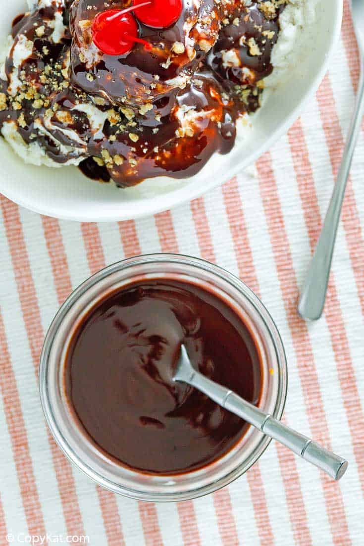 overhead view of homemade Hershey's chocolate syrup and an ice cream sundae