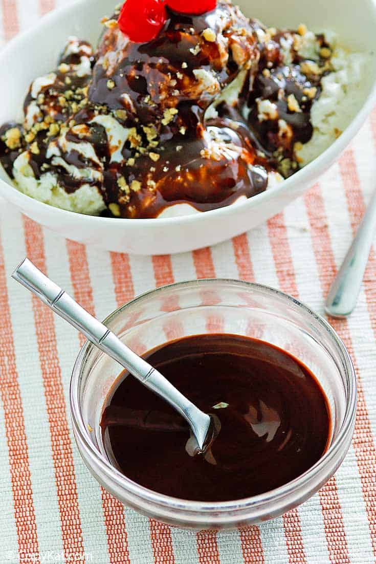 homemade Hershey's chocolate syrup next a bowl of ice cream