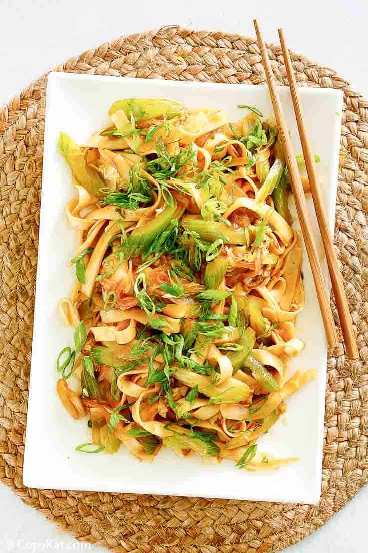 overhead view of homemade Panda Express chow mein on a platter