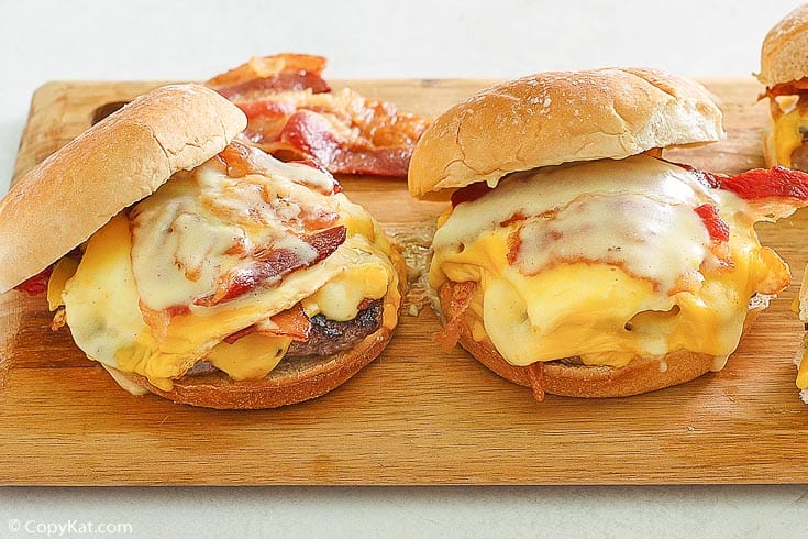 two homemade Wendy's breakfast baconator sandwiches