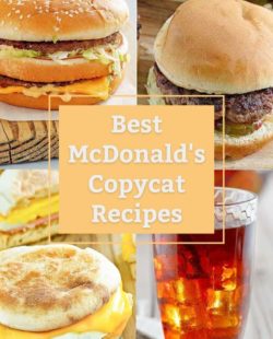 photo collage of homemade McDonald's Big Mac, Hamburger, Egg McMuffin, and Sweet Tea