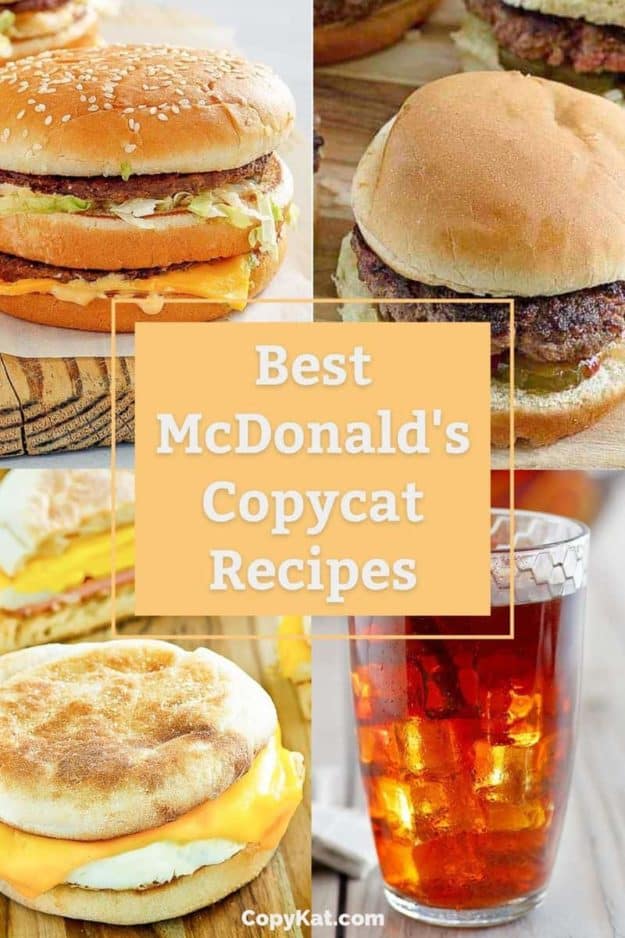 photo collage of homemade McDonald's Big Mac, Hamburger, Egg McMuffin, and Sweet Tea