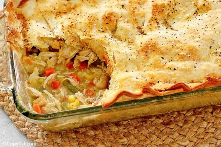 closeup of homemade chicken pot pie in a baking dish