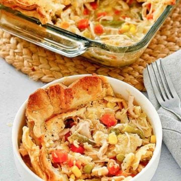 chicken pot pie in a bowl and baking dish