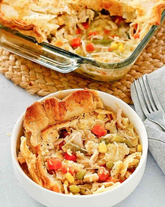 chicken pot pie in a bowl and baking dish