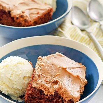 two bowls of homemade chocolate Coca Cola cake and vanilla ice cream