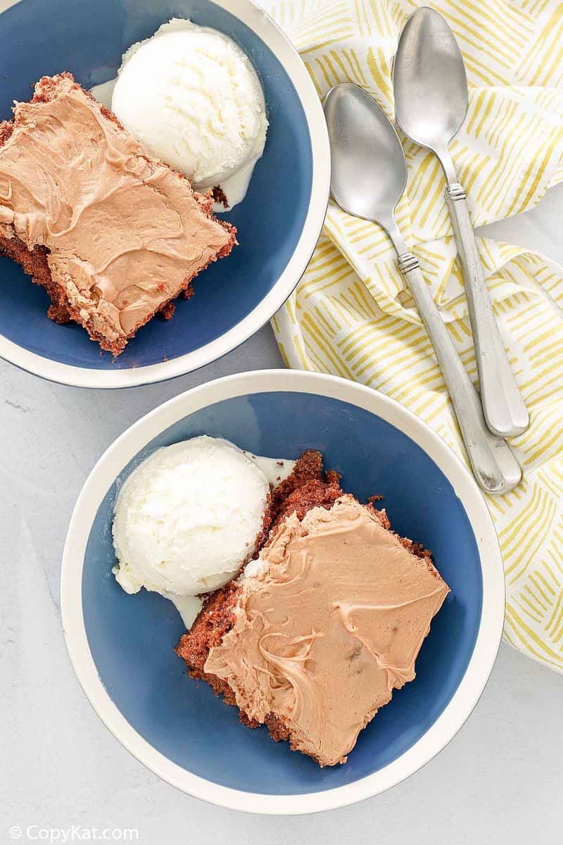 overhead view of homemade Cracker Barrel Coca Cola Cake with ice cream in two bowls