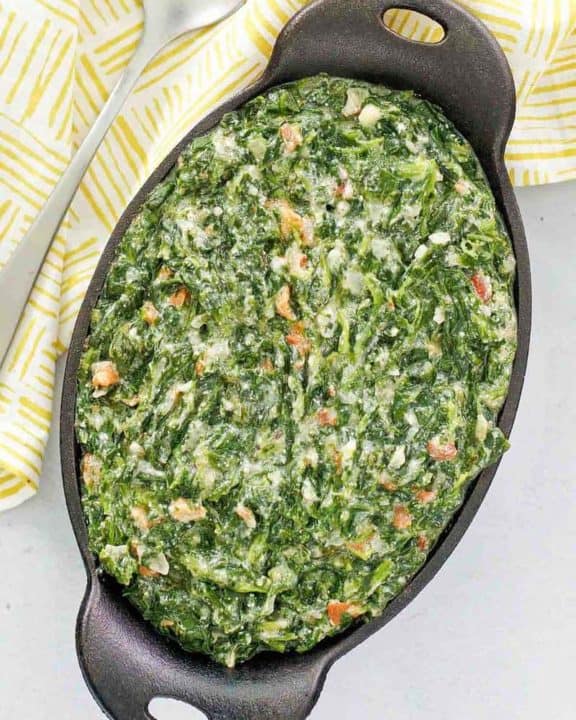 overhead view of homemade Lawry's creamed spinach in a serving dish