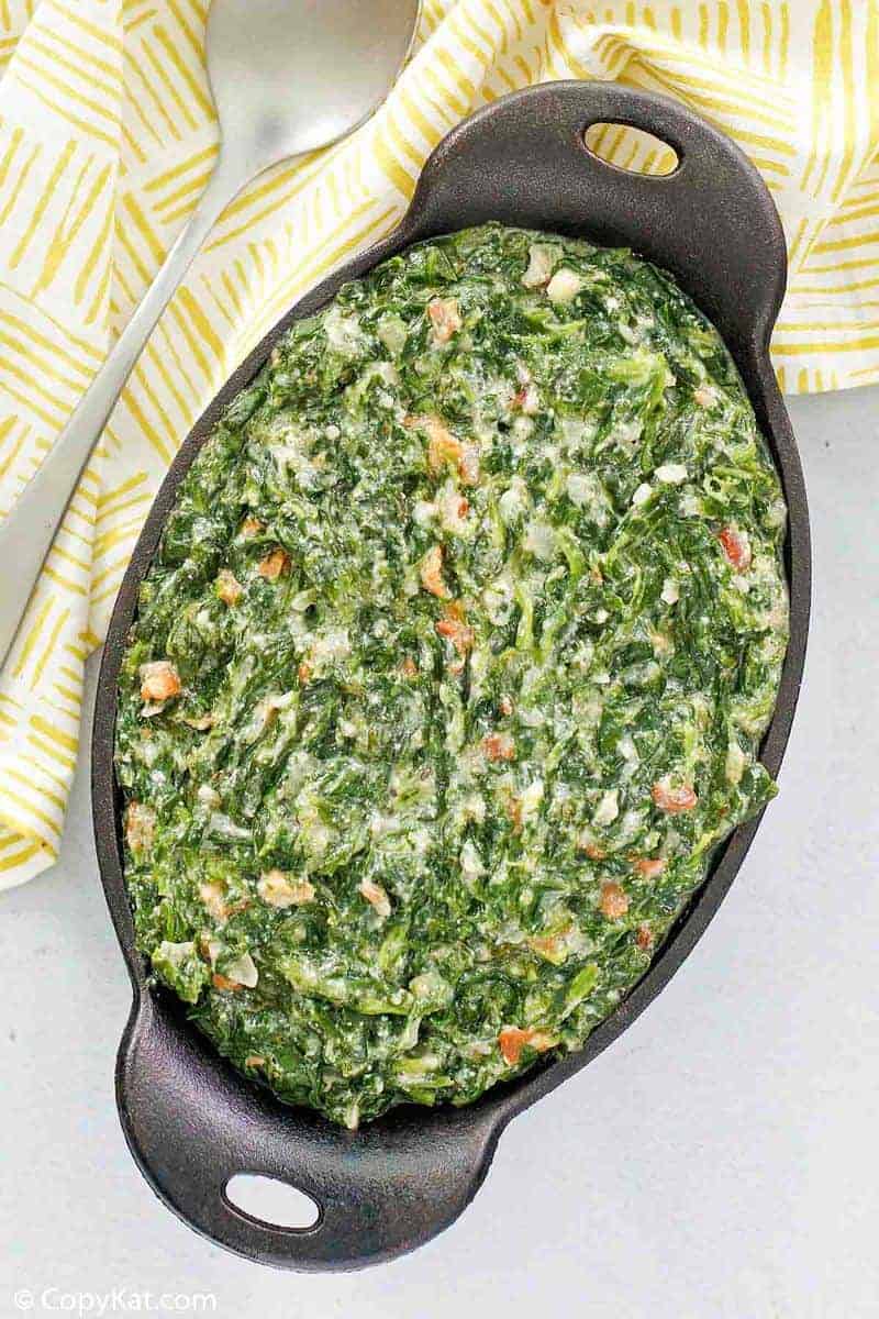 overhead view of homemade Lawry's creamed spinach in a serving dish