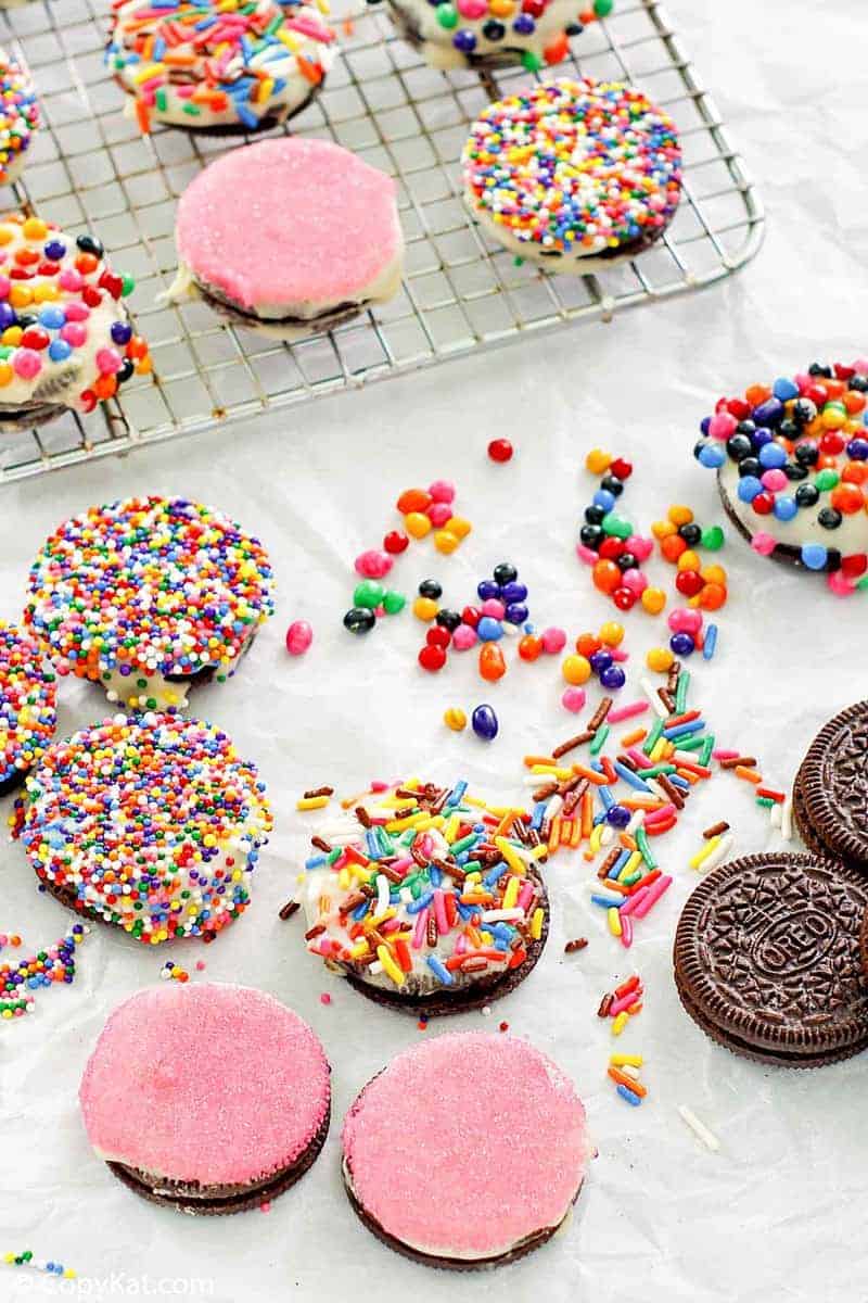 white chocolate covered oreos topped with sprinkles