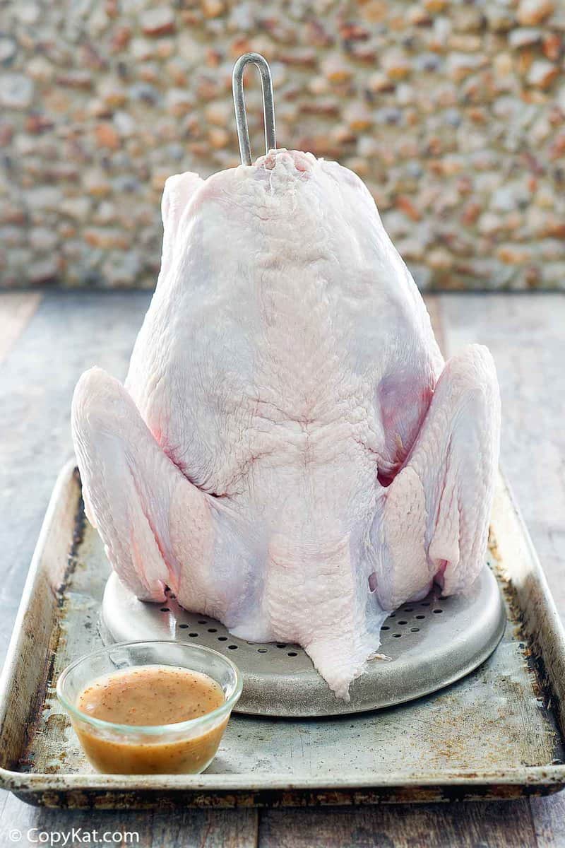 raw turkey on a deep fryer rack and a bowl of marinade