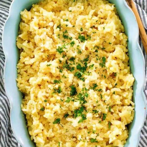 overhead view of Parmesan Risotto in a serving dish