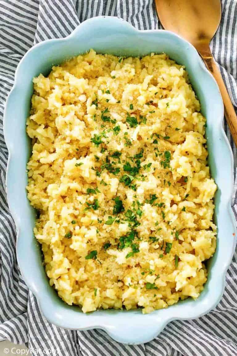 overhead view of Parmesan Risotto in a serving dish