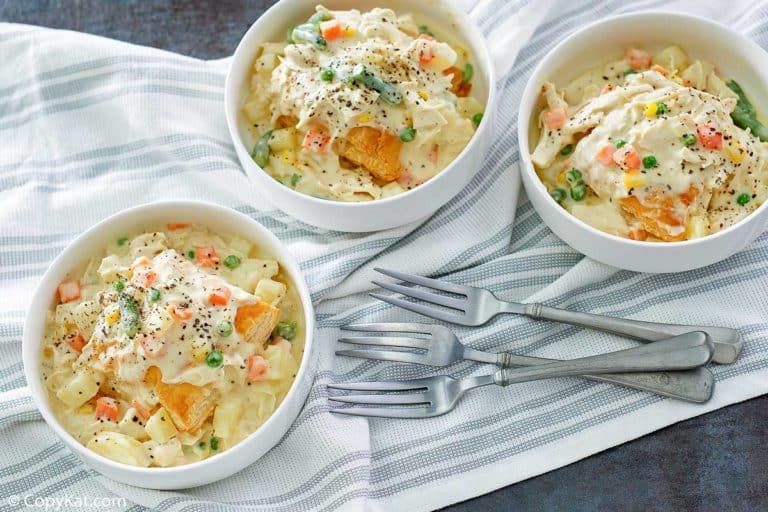 three forks and three bowls of homemade Jason's Deli Chicken Pot Pie soup