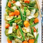 overhead view of homemade Panda Express mixed vegetables on a platter