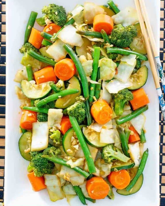 overhead view of homemade Panda Express mixed vegetables on a platter