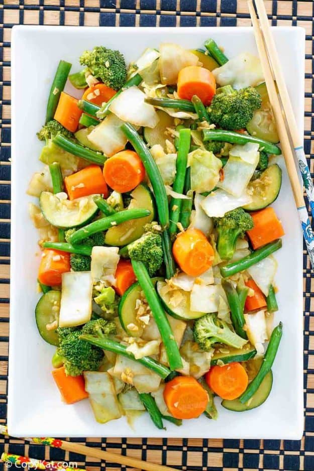overhead view of homemade Panda Express mixed vegetables on a platter