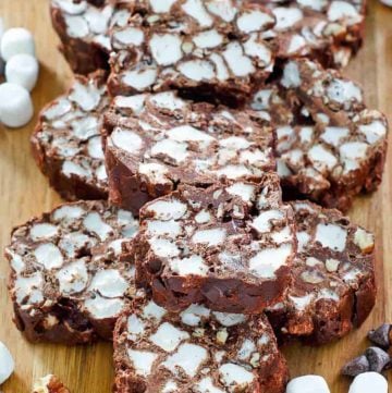 rocky road candy slices, pecans, marshmallows, and chocolate chips