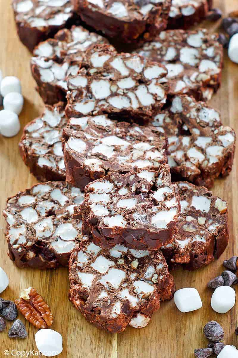 rocky road candy slices, pecans, marshmallows, and chocolate chips