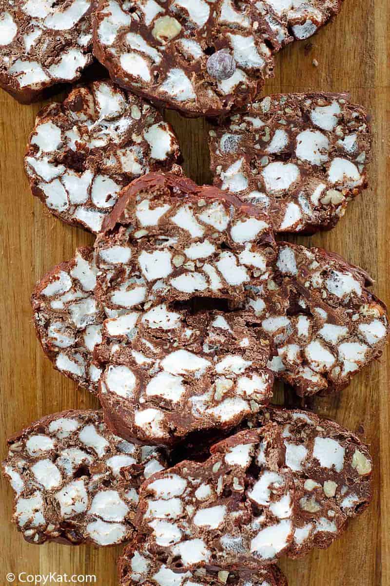 rocky road candy slices on a wood cutting board