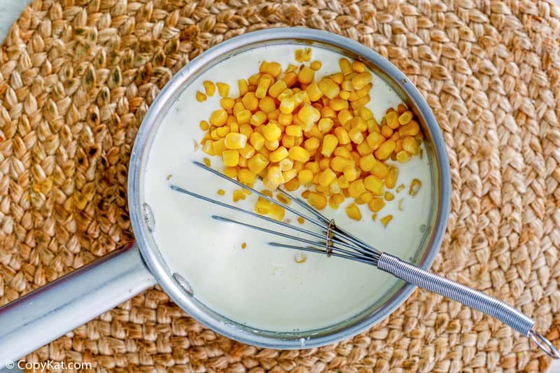 homemade Rudy's creamed corn in a saucepan