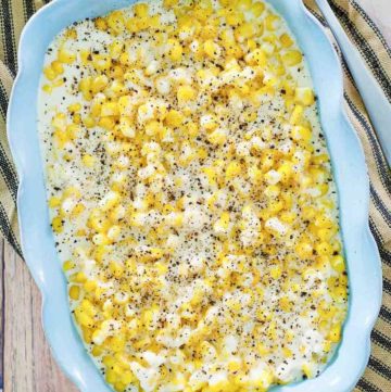 overhead view of homemade Rudy's creamed corn in a serving dish