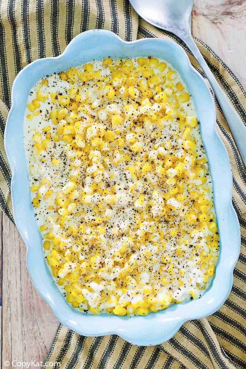 overhead view of homemade Rudy's creamed corn in a serving dish