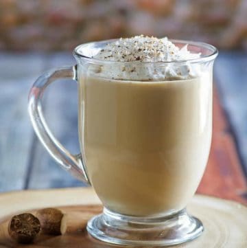 homemade Starbucks eggnog latte in a glass mug