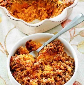 sweet potato casserole with brown sugar pecan topping in a bowl and baking dish