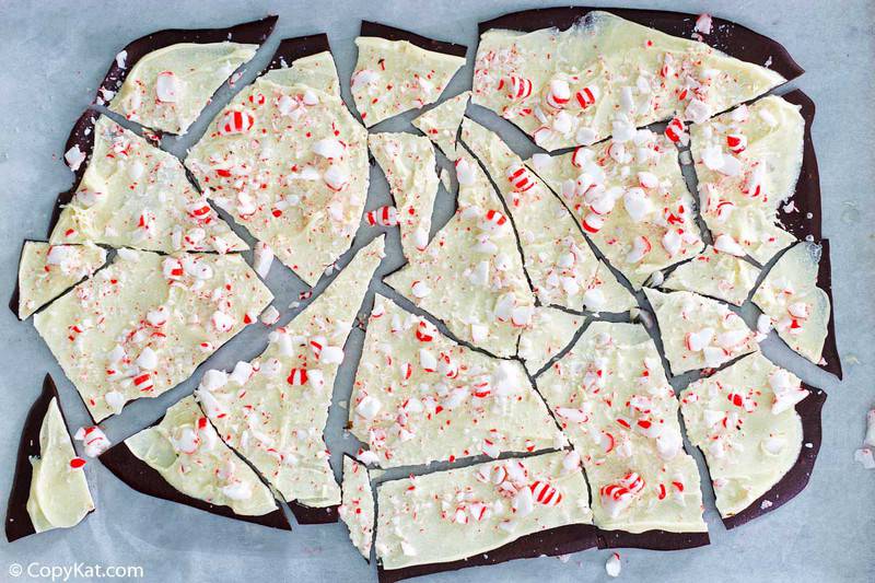 peppermint bark pieces on waxed paper