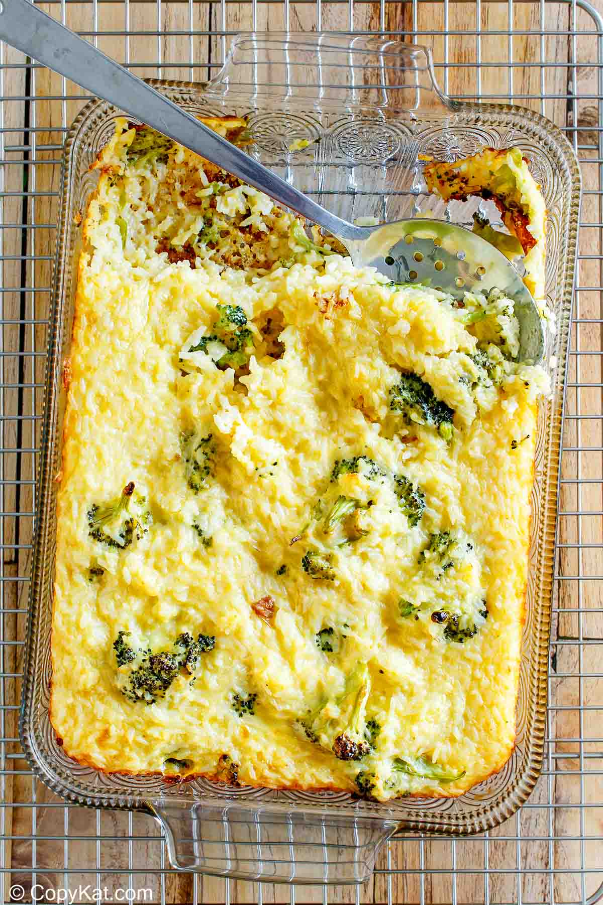 broccoli cheese rice casserole in a baking dish