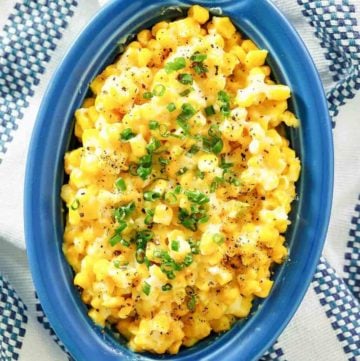 homemade Brookville Hotel creamed corn in a blue serving dish