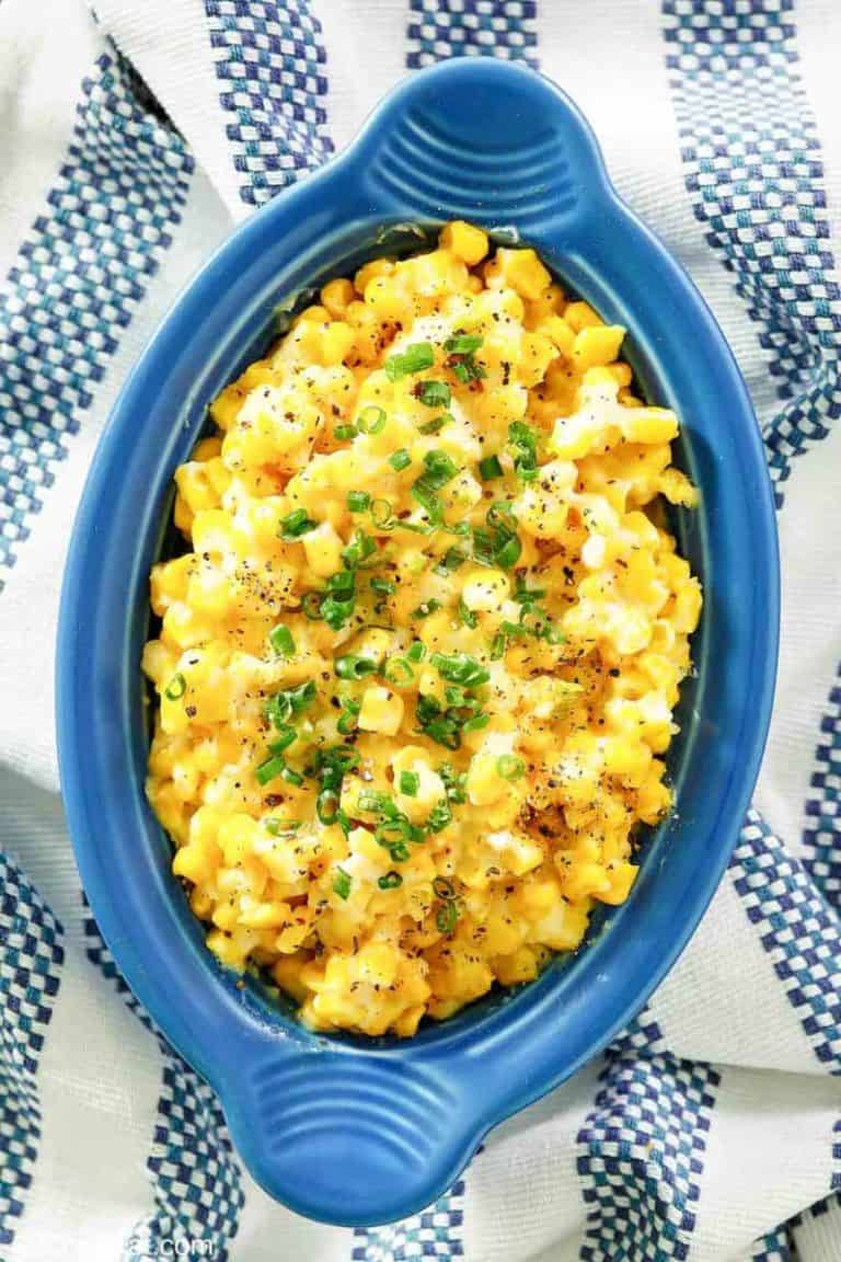 homemade Brookville Hotel creamed corn in a blue serving dish