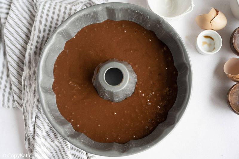 chocolate peppermint cake batter in a bundt pan
