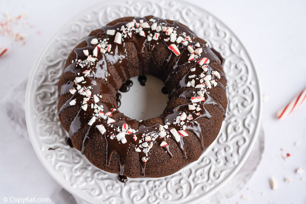 overhead view of a chocolate peppermint bundt cake