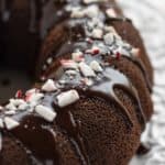 A closeup photo of chocolate peppermint bundt cake