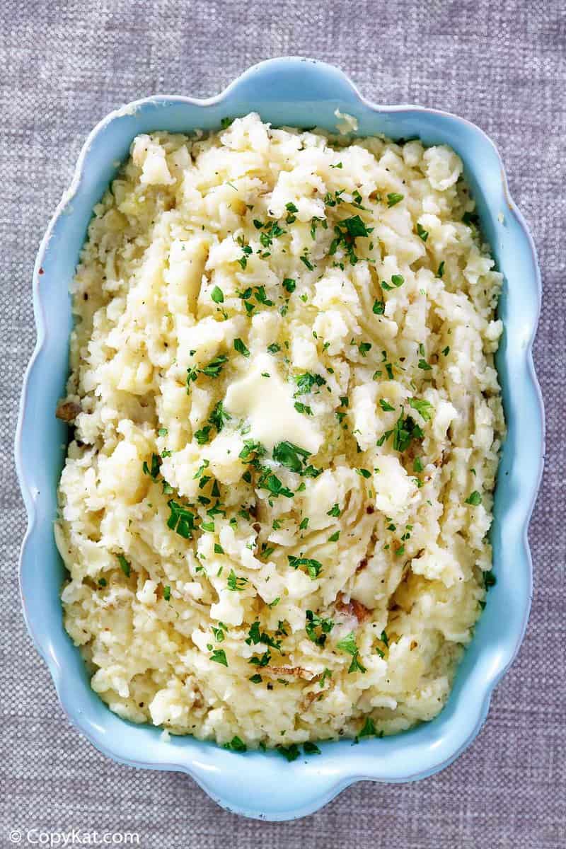 overhead view of homemade Cracker Barrel mashed potatoes in a serving dish